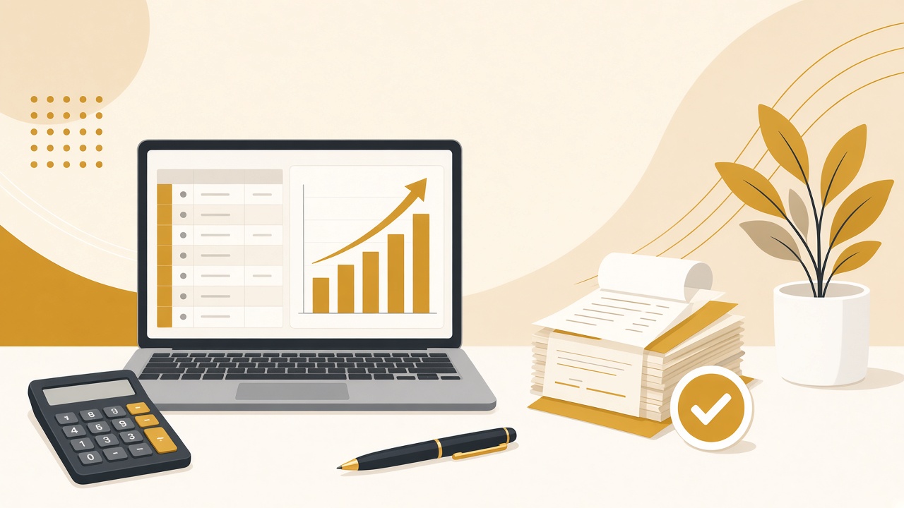 Illustration of a laptop with a ledger and growth chart, a calculator, and organized receipts